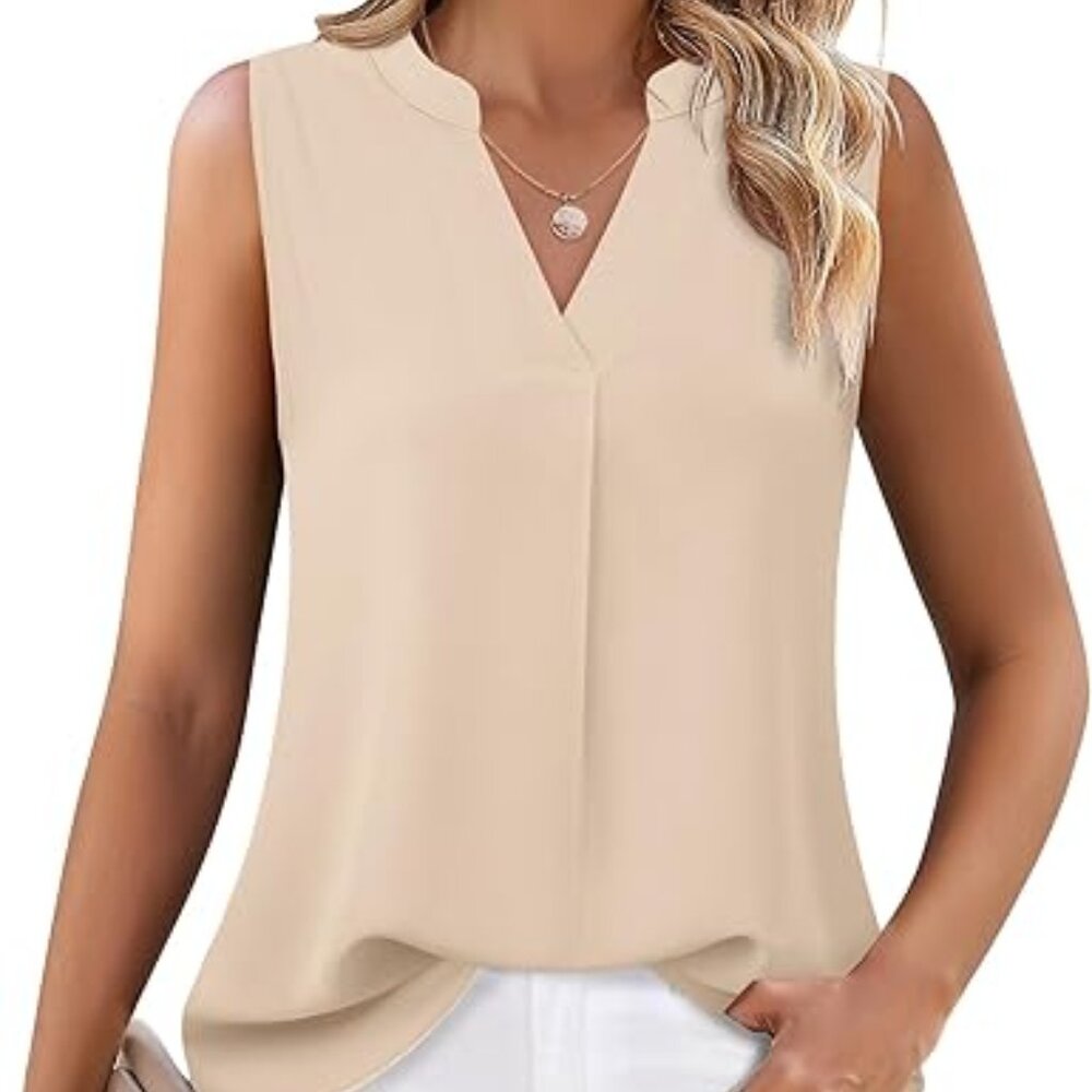 Timeson Women's Chiffon V Neck Sleeveless Blouse Tops Office Work Shirt in Peach